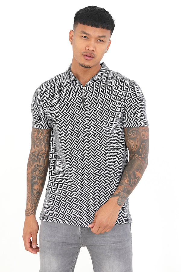 Short Sleeve Jacquard Pattern Zip Neck Polo Shirt