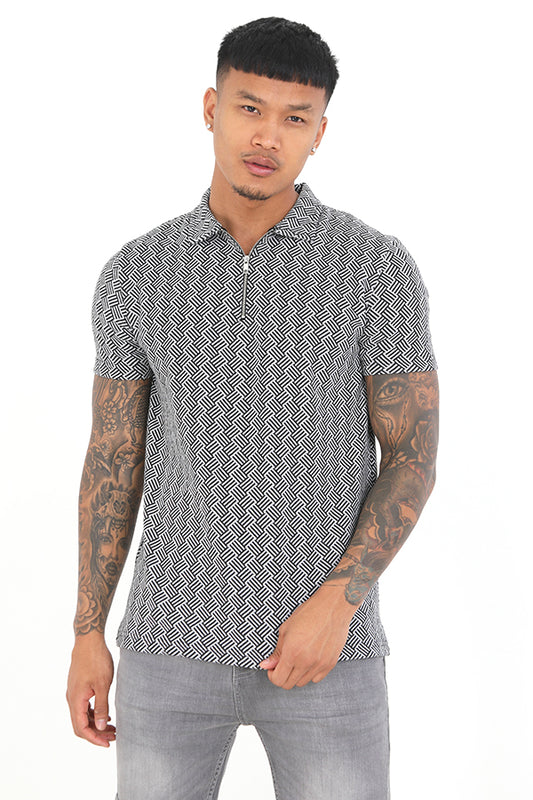 Short Sleeve Jacquard Pattern Zip Neck Polo Shirt