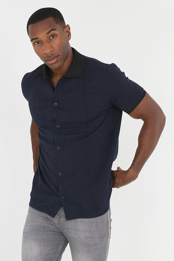 Textured Jacquard Pattern Button Through Polo Shirt