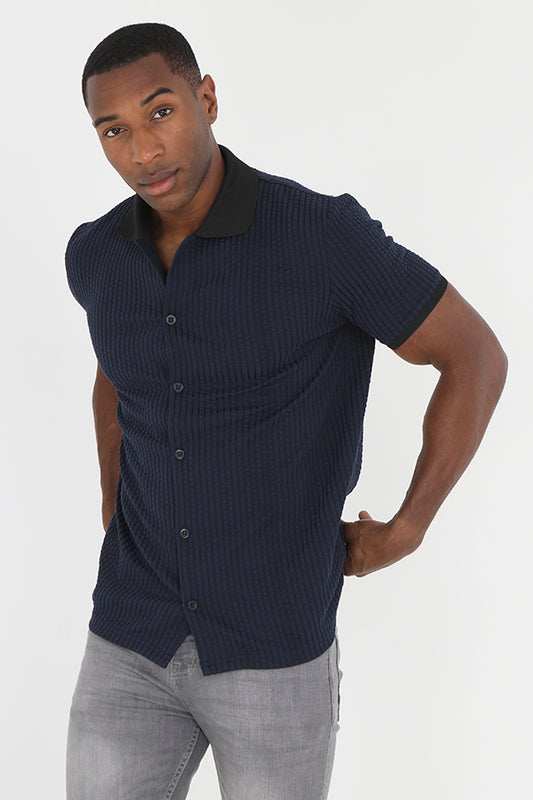 Textured Jacquard Pattern Button Through Polo Shirt
