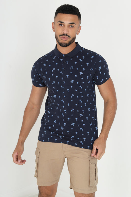 Palm Leaf Pattern Short Sleeve Polo Shirt