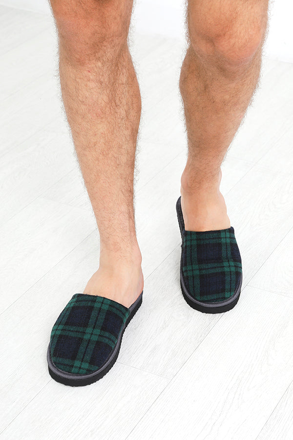 Green Plaid Check Print Fleece Lined Slippers