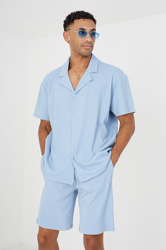 Short Sleeved Shirt-Textured Fabric And Revere Collar