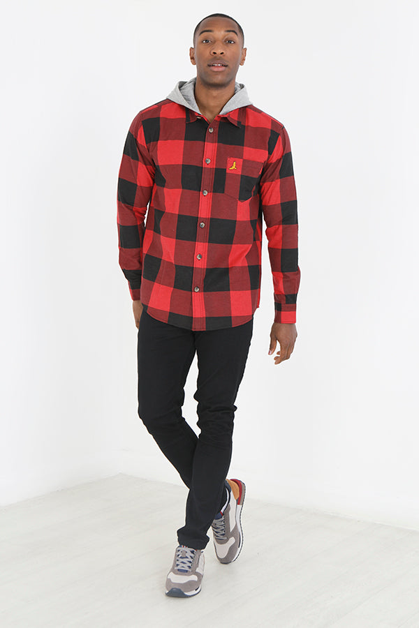 Hooded Check Design Emblem Detail Long Sleeve Shirt
