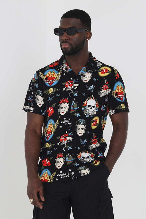 Tattoo Print Short Sleeve Button Through Shirt