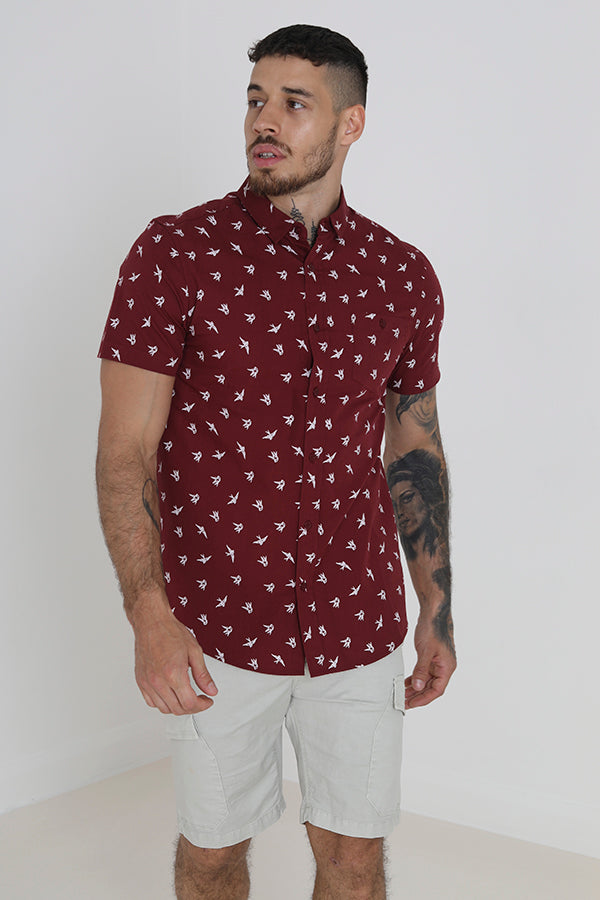 Bird Pattern Button Through Short Sleeve Shirt