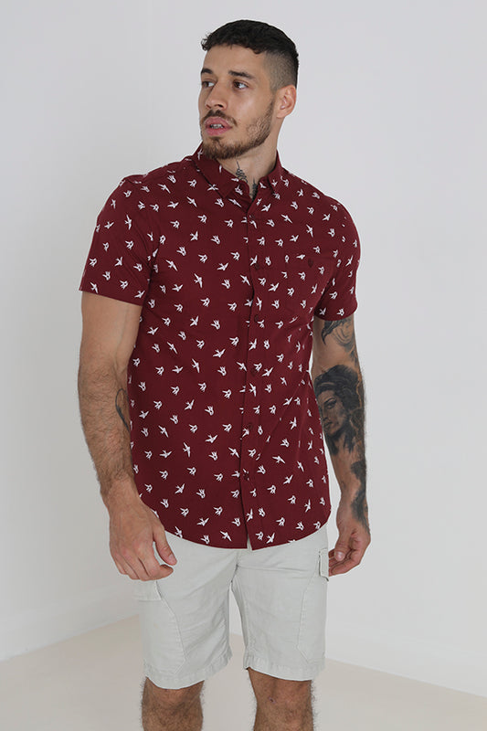 Bird Pattern Button Through Short Sleeve Shirt