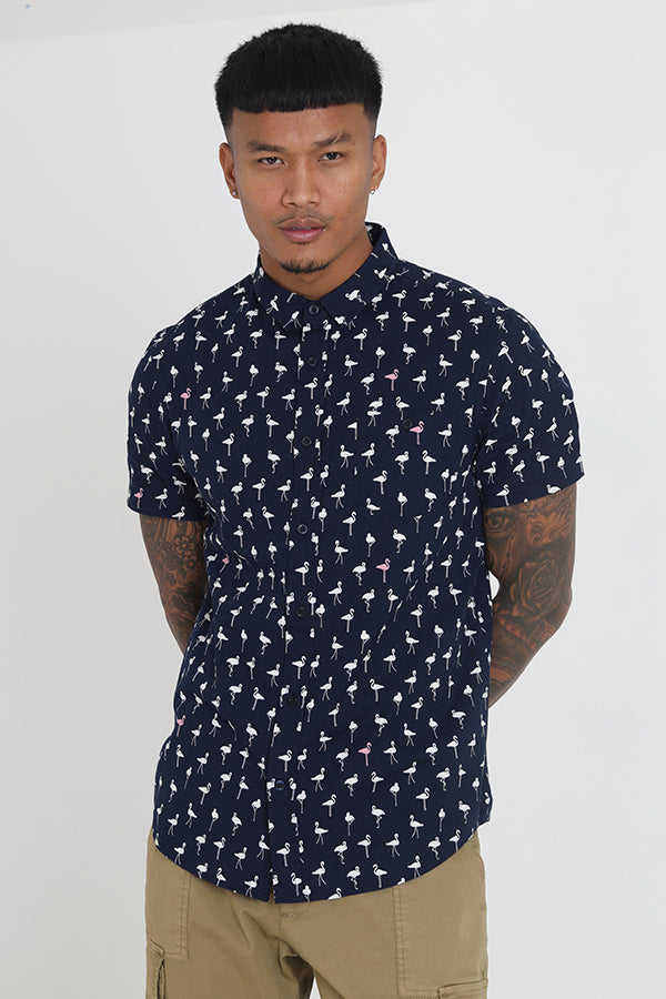 Navy Flamingo Contrast Short Sleeve Shirt