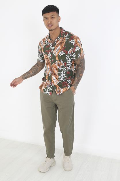 Khaki Tiger And Floral Print Short Sleeve Shirt