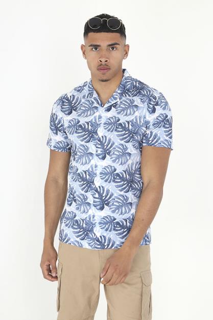 White/Blue Leaf Print Button Through Shirt