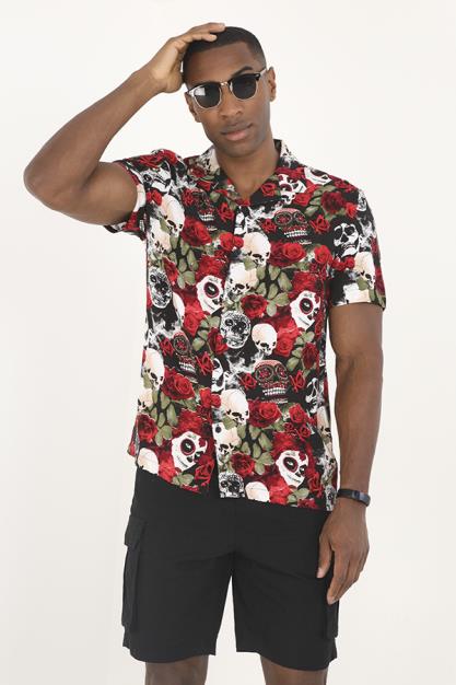 Jet Black/Red Skull Print Short Sleeve Shirt