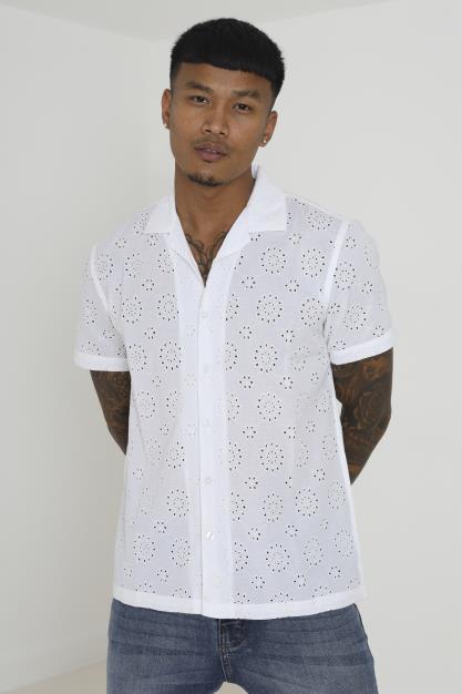 Geometric Embroidery Revere Collar Shirt