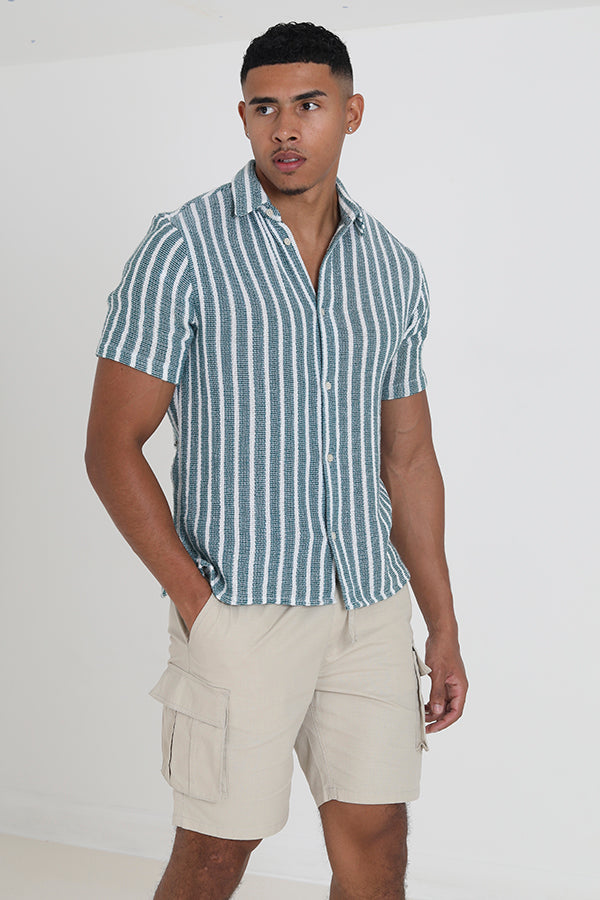 Green Vertical Stripe Print Short Sleeve Shirt