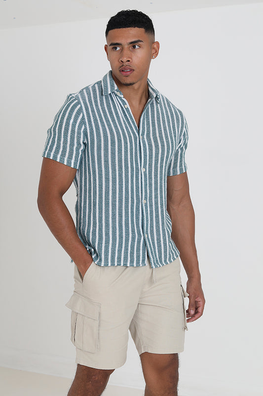 Green Vertical Stripe Print Short Sleeve Shirt