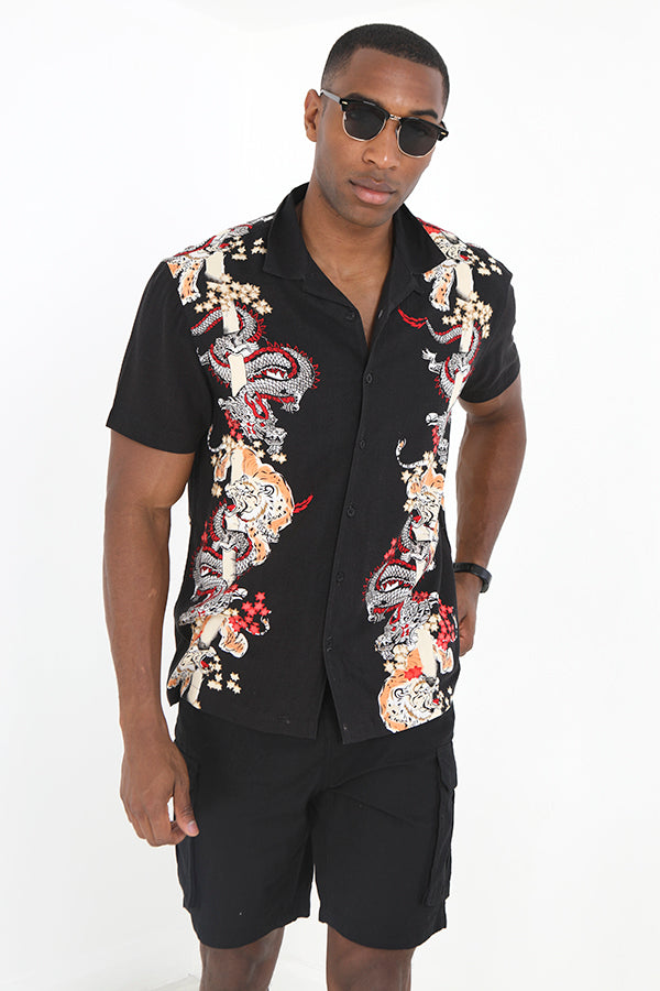 Black Tiger And Dragon Print Short Sleeve Shirt