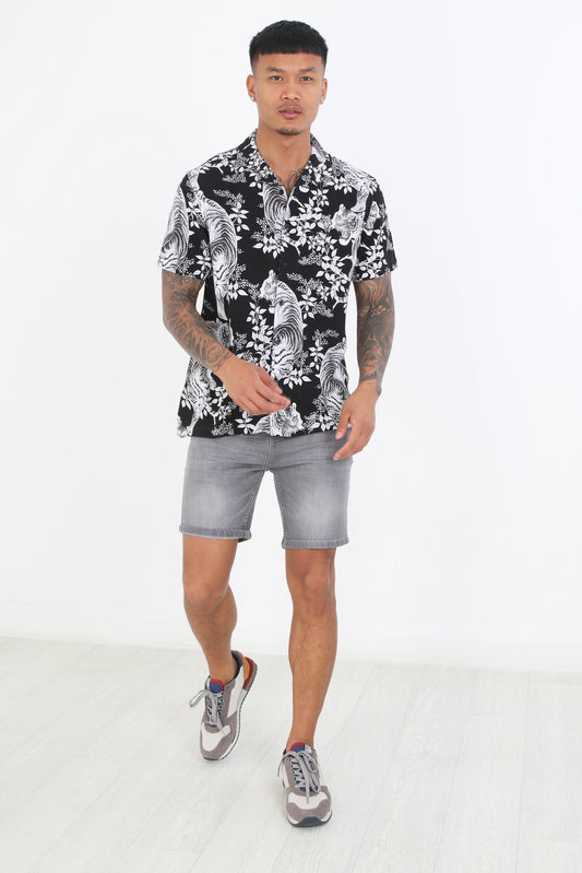 Floral Tiger Print Short Sleeve Button Through Shirt