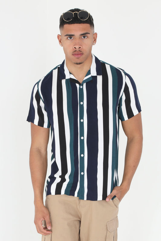 Striped Button Up Short Sleeve Revere Shirt