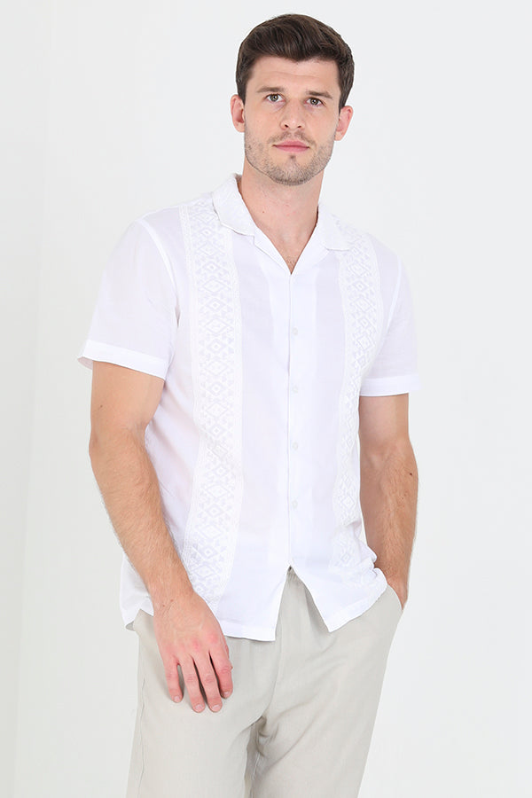 White Embroidery Panel Short Sleeve Shirt