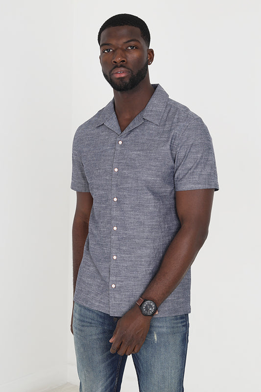 Blue Chambray Revere Collar Short Sleeved Shirt