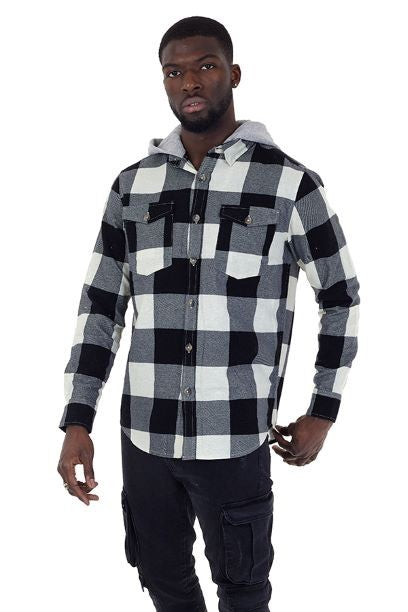 Brushed Fixed Hood Checked Long Sleeve Shirt
