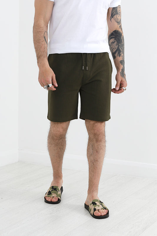 Solid Mid Khaki Drawcord Detail Shorts