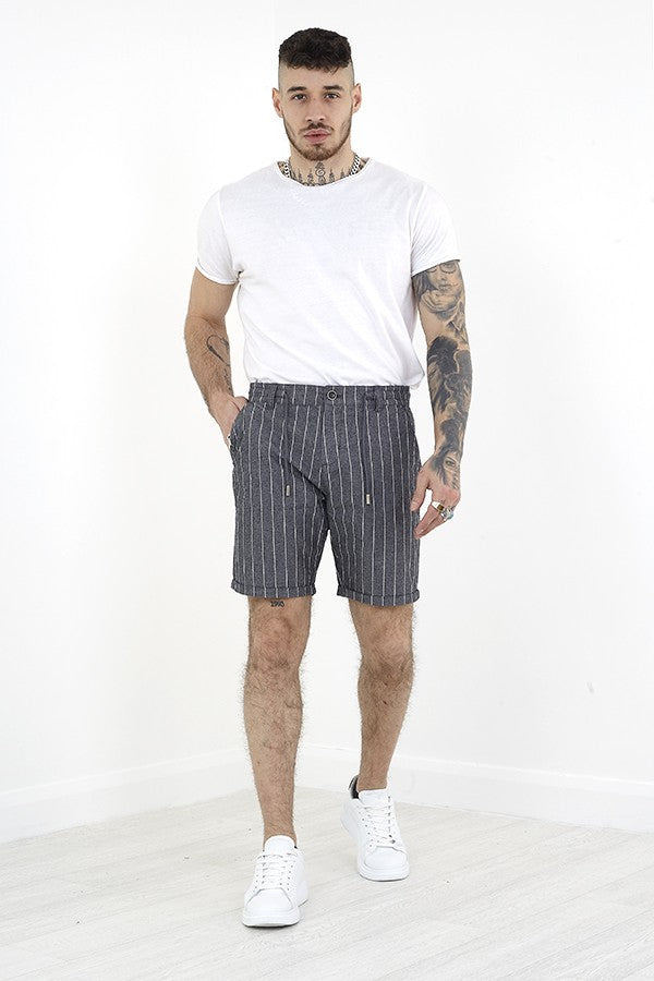 Dark Grey Turn Up Hem Cotton Pinstripe Shorts
