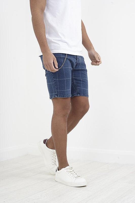 Mid Blue Skinny Fit Grid Pattern Denim Shorts