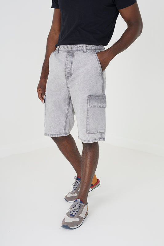Loose Fit Denim Cargo Shorts X2 Cargo Pockets Button Waist