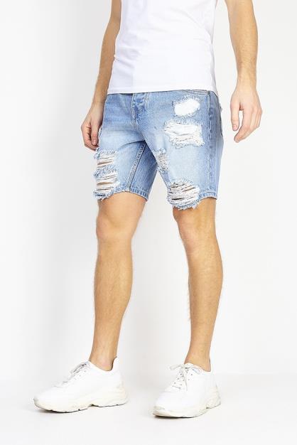 Blue Denim Distressed Short Heavily Ried