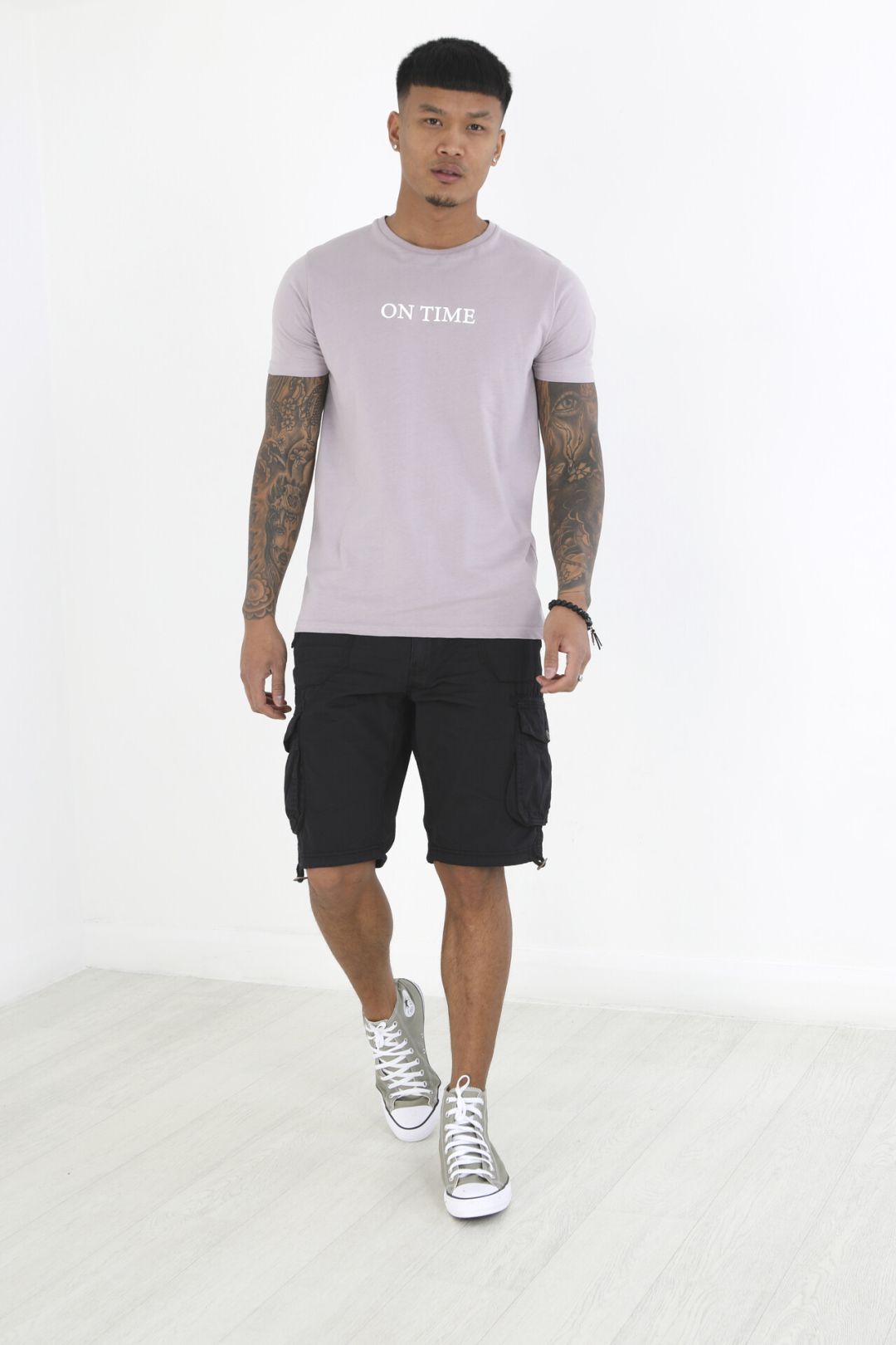 Plain Washed Black Buttoned Twill Cargo Shorts