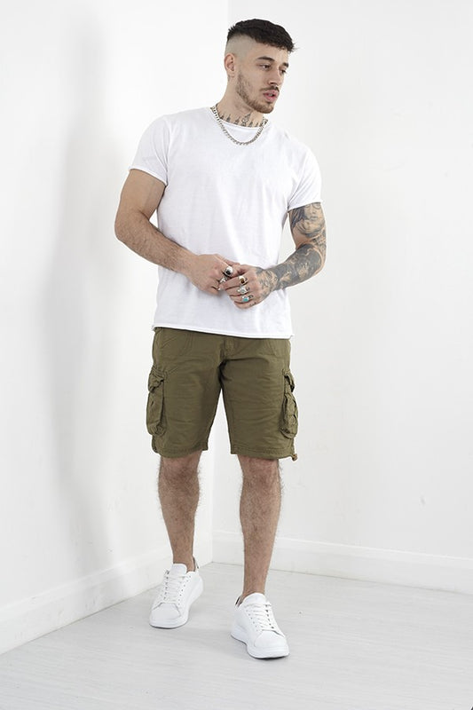 Khaki Cotton Twill Utility Pocket Shorts