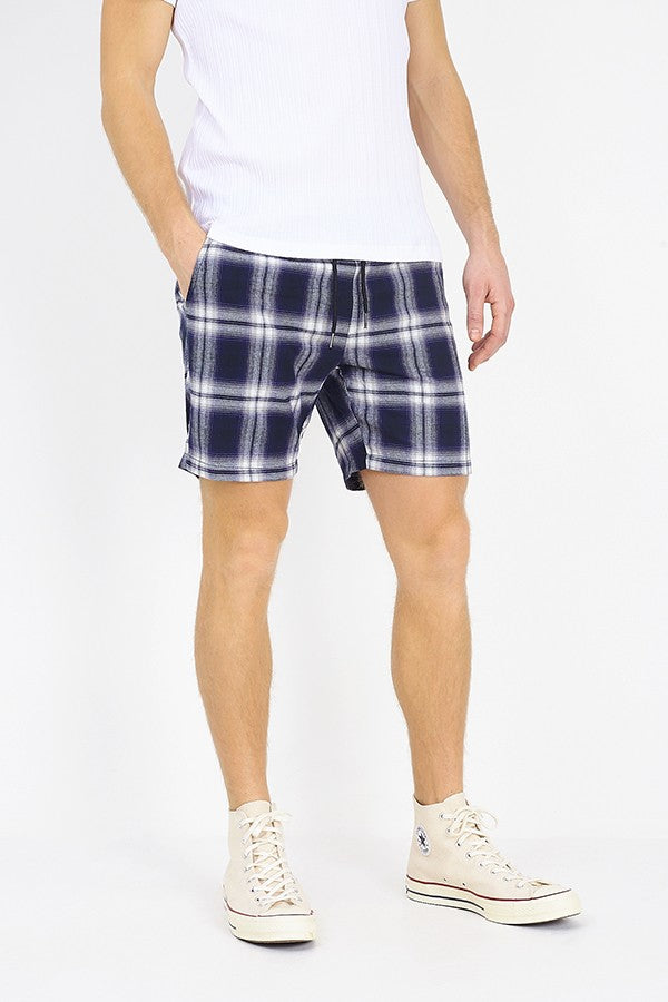 Navy Checkered Brushed Cotton Drawcord Shorts