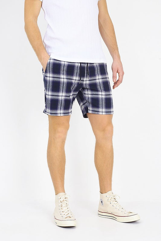 Navy Checkered Brushed Cotton Drawcord Shorts