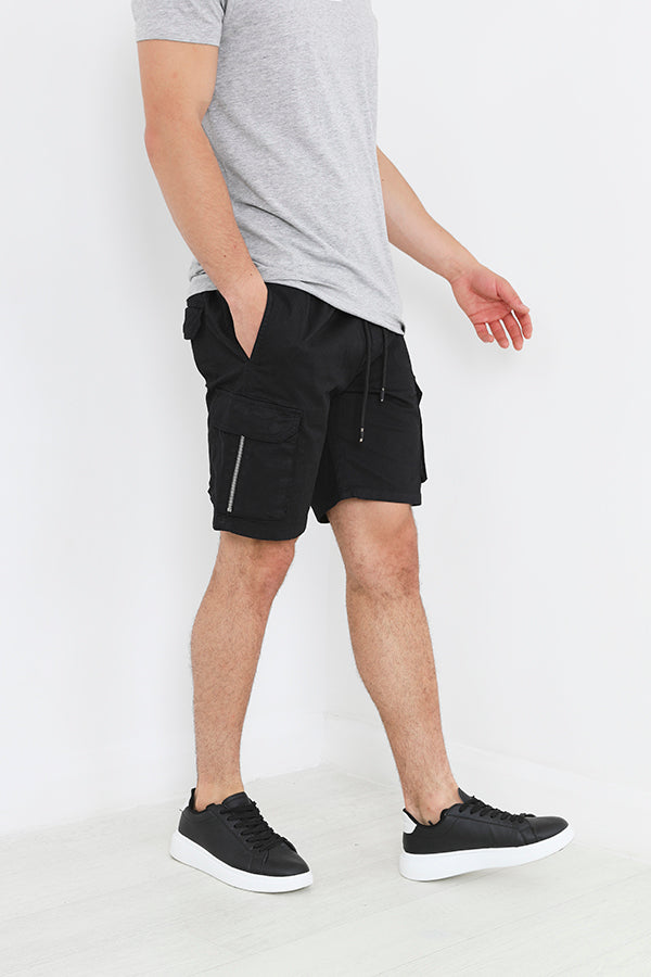 Black Zip Pocket Detail Cargo Style Shorts