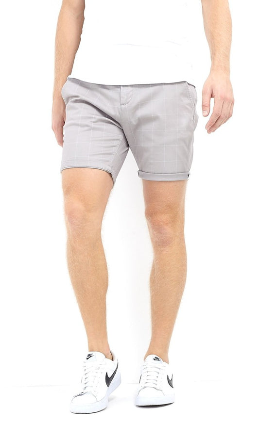 Check Print Light Grey Cotton Twill Shorts