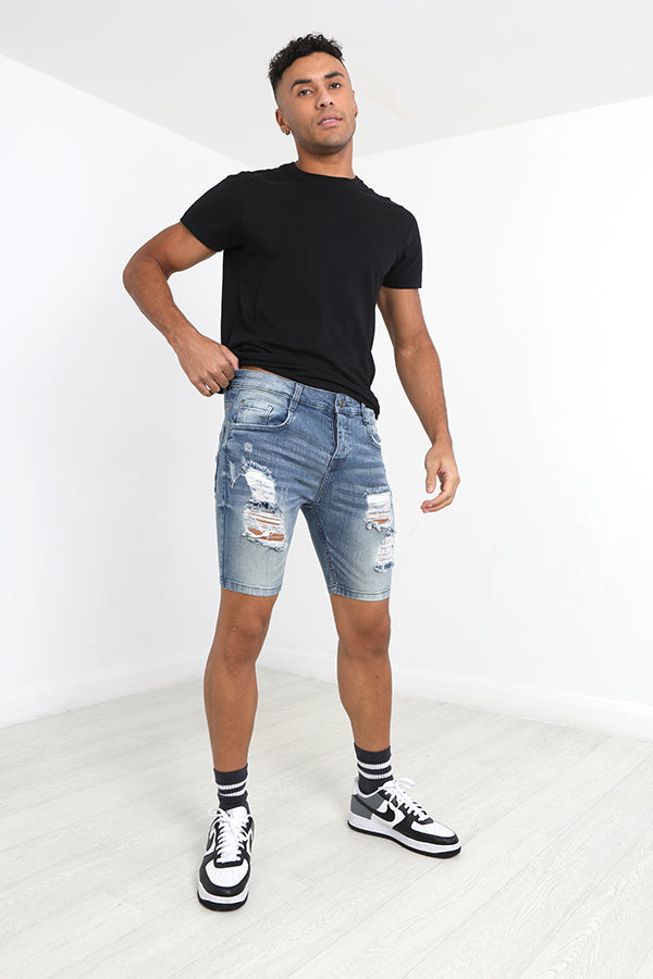 Mid Blue Wash Skinny Fit Ripped Denim Shorts