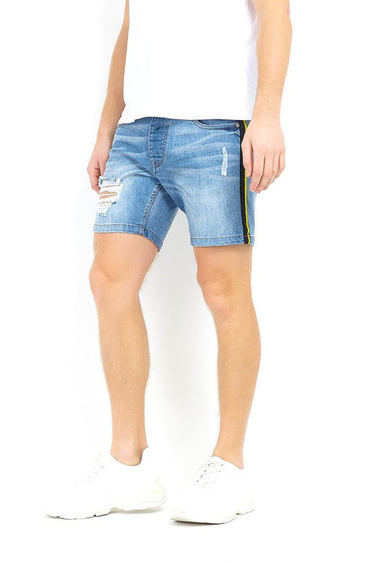 Stripe Tape Detail Ripped Denim Shorts