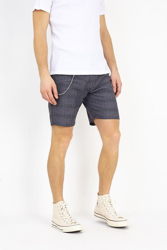 Grey Checked Metal Chain Detail Shorts