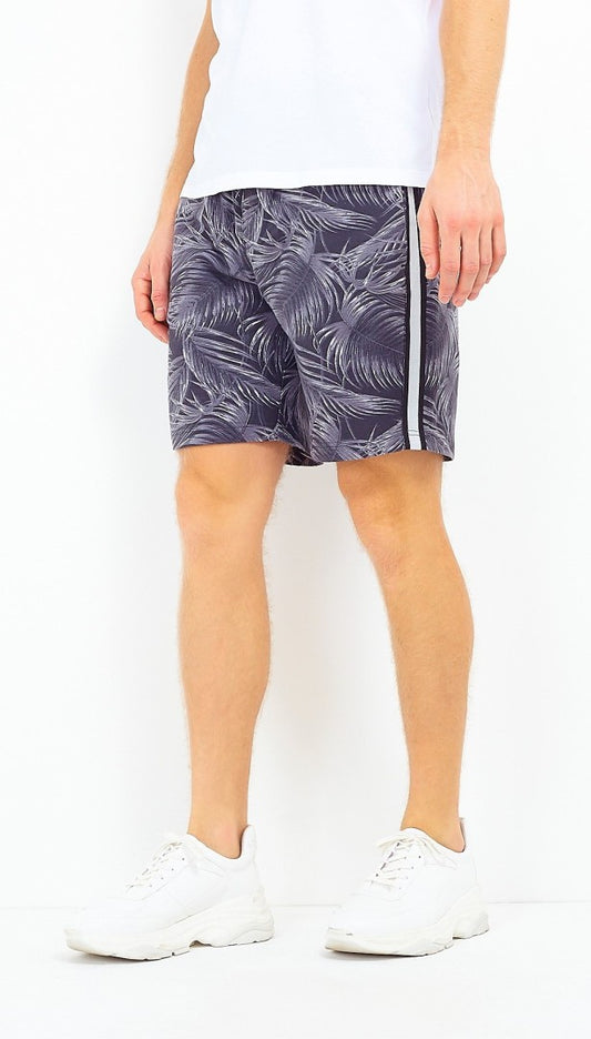 Palm Leaf Print Side Stripe Jersey Shorts