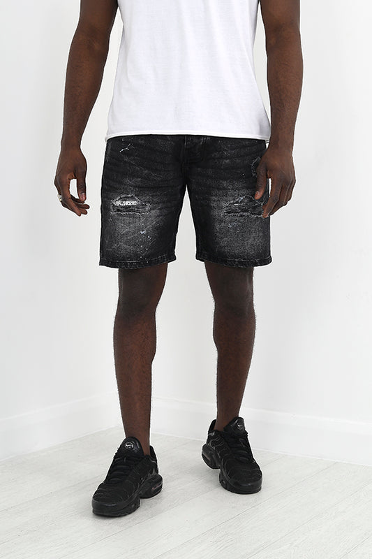 Charcoal Wash Ripped Detail Denim Shorts