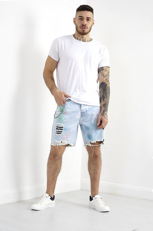 Blue Ripped Spray Paint Detail Denim Shorts
