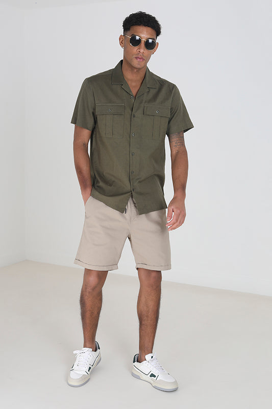 Dark Stone Turn Up Hem Cotton Twill Chino Shorts