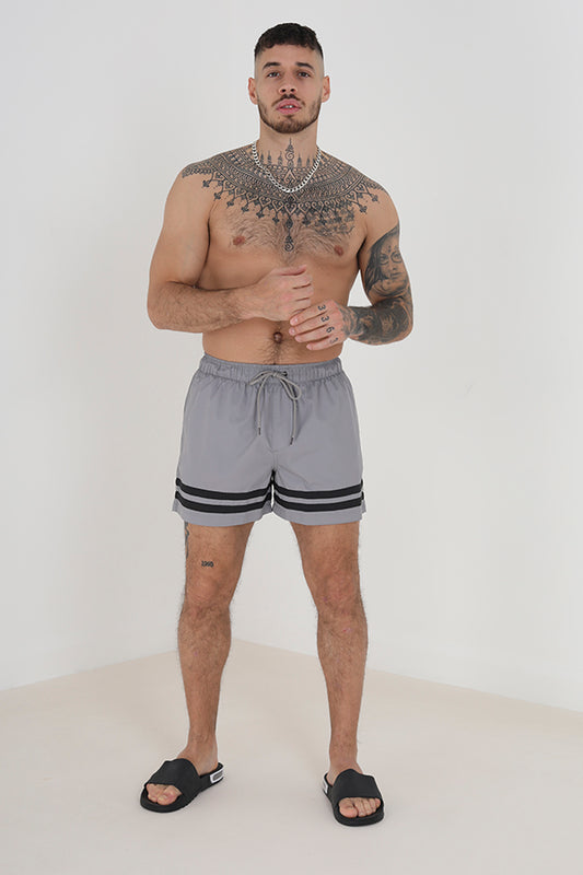 Grey Stripe Elasticated Waist Swim Shorts