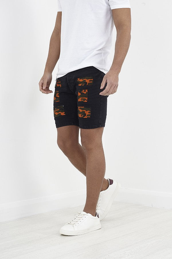 Camo Biker Patch Detail Skinny Denim Shorts