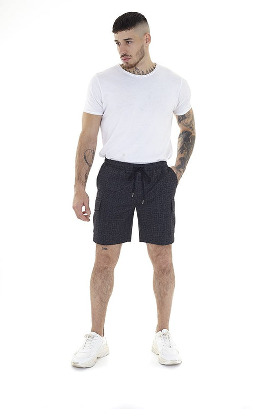 Dark Grey Drawstring Detail Check Cargo Shorts