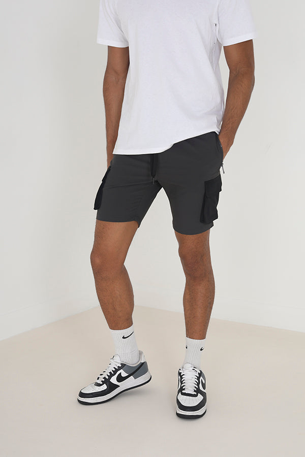 Grey Utility Cargo Shorts With Zip Detail