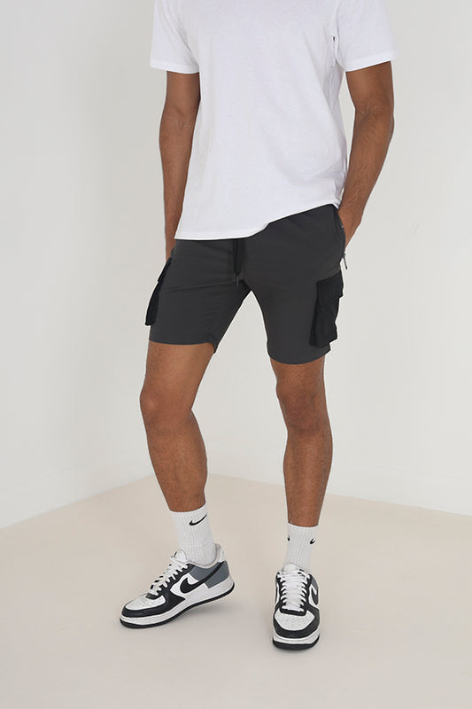 Grey Utility Cargo Shorts With Zip Detail