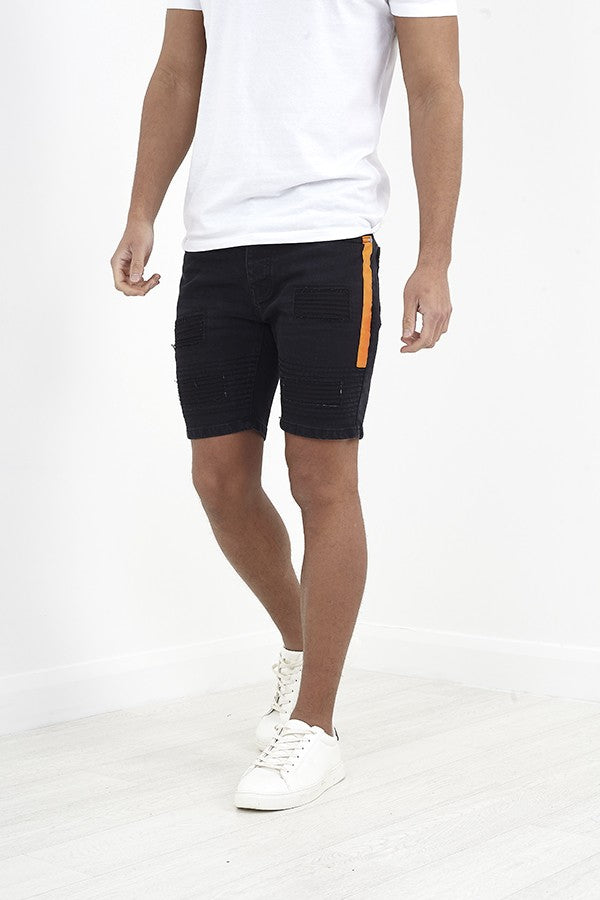 Charcoal Wash Orange Tape Detail Denim Shorts