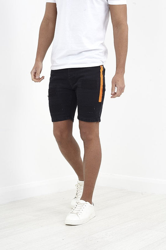 Charcoal Wash Orange Tape Detail Denim Shorts
