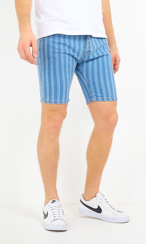 Vertical Striped Blue Denim Shorts